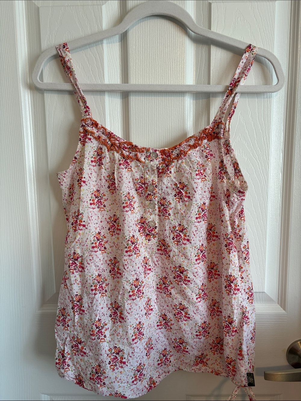 PRANA 100% Cotton Pink Floral Tank with cinch-able waist tie.